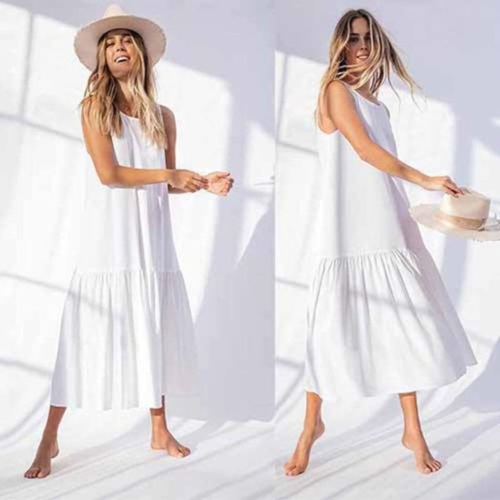 Ona Livingston Flouncy Hem Flowy Casual Midi Dress Women's White Size: M NWT